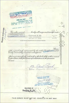 大西洋与太平洋茶叶公司股票证书 — 出版商 Pershing & Co. 和编号 0413978 — 背面