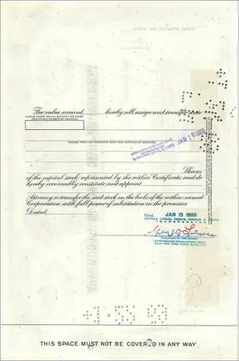 Certificado de acciones de la Great Atlantic & Pacific Tea Company — serie 0527733 — editor Morgan Guaranty Trust Company — Reverso