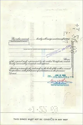 Great Atlantic & Pacific Tea Company의 주식 증명서 — 시리즈 1, 번호 0527593 — 발행사: American Bank Note Company — 뒷면