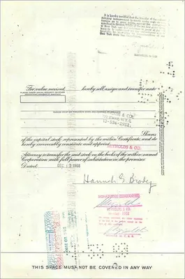 Share Certificate of the Great Atlantic & Pacific Tea Company — Mrs Hannah G Brody — No. 043017 — Back