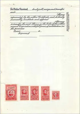 Certificado de acciones de la sociedad John Blair & Company — editor no visible, número de serie ilegible — Reverso