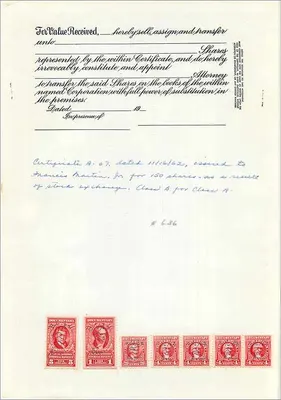 Certificado de acciones de John Blair & Company — Clase A — emitido en 1960 — Reverso