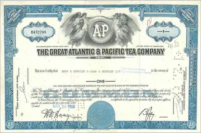 Certyfikat udziałów Great Atlantic & Pacific Tea Company — wydawca Pershing & Co. New York