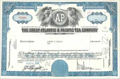 Certyfikat udziałów Great Atlantic & Pacific Tea Company — 10 udziałów — wydawca The First National City Bank of New York