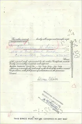 Certificado de ações da Great Atlantic & Pacific Tea Company — Clarence G. Laine & Mrs Eleanor M. Laine — 25 ações — datado 11 de fevereiro de 1967 — Verso