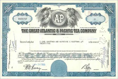 Certyfikat akcji The Great Atlantic & Pacific Tea Company — wydawca First National City Bank, nr 0421747