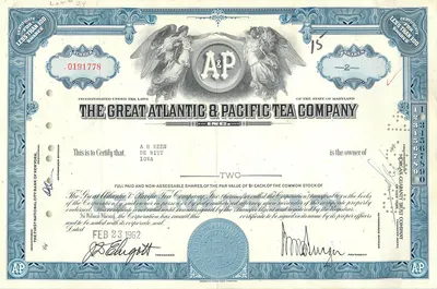 Działanie Great Atlantic & Pacific Tea Company — certyfikat dwóch akcji — wydawca The First National City Bank of New York