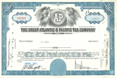 Certyfikat akcji Great Atlantic & Pacific Tea Company — A.H. Keen — 1962