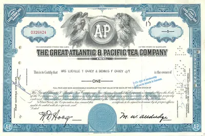 Działanie Great Atlantic & Pacific Tea Company — certyfikat 1 akcji — wydawca Morgan Guaranty Trust Company