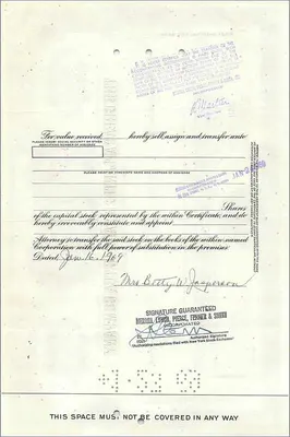 Certificato d'azioni della Great Atlantic & Pacific Tea Company — Mrs Betty W Jasperson — 25 azioni — datato 25 gennaio 1925 — Verso