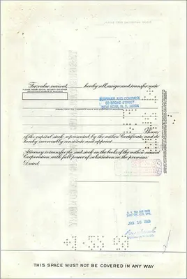 Certificado de acciones de la Great Atlantic & Pacific Tea Company — 100 acciones — editor Morgan Guaranty Trust Company — Reverso