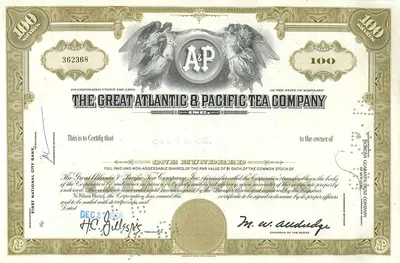 Działanie Great Atlantic & Pacific Tea Company — 100 akcji — wydawca American Bank Note Company