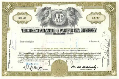 Akcja Great Atlantic & Pacific Tea Company — 100 akcji — wydawca First National City Bank