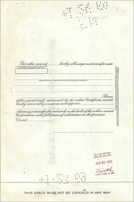 Share Certificate of the Great Atlantic & Pacific Tea Company — Series of 100 Shares — Publisher Morgan Guaranty Trust Company — Back