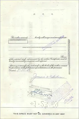 Certificado de acciones de la Great Atlantic & Pacific Tea Company — Jimmie K. Fukuhara — 50 acciones — datado febrero 1967 — Reverso