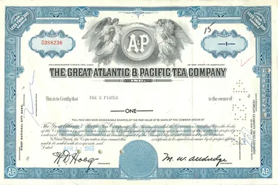 Certyfikat udziałów Great Atlantic & Pacific Tea Company — seria 1 — wydawca American Bank Note Company