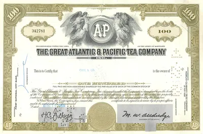 Certyfikat 100 akcji Great Atlantic & Pacific Tea Company — wydawca: Morgan Guaranty Trust Company