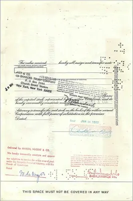 Certyfikat 100 akcji Great Atlantic & Pacific Tea Company — wydawca: Morgan Guaranty Trust Company — Rewers