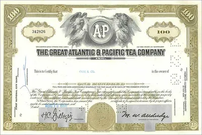 Działanie Great Atlantic & Pacific Tea Company — 100 akcji — wydawca First National City Bank