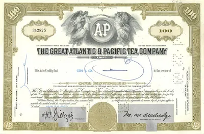 Aktyka Great Atlantic & Pacific Tea Company — 100 aktyk — wydawca Morgan Guaranty Trust Company