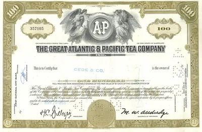 Stara pocztówka Action de la Great Atlantic & Pacific Tea Company — 100 akcji — wydawca Morgan Guaranty Trust Company