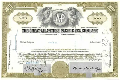 Działanie Great Atlantic & Pacific Tea Company — 100 akcji — wydawca: First National City Bank
