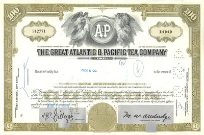 Działanie Great Atlantic & Pacific Tea Company — 100 akcji — wydawca Morgan Guaranty Trust Company