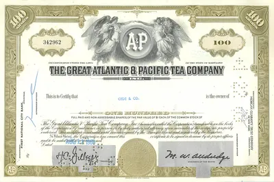 Certyfikat akcji Great Atlantic & Pacific Tea Company — 100 akcji — wydawca American Bank Note Company