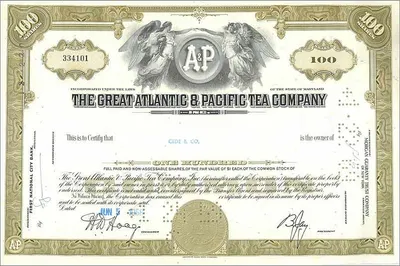 Działanie Great Atlantic & Pacific Tea Company — 100 akcji — wydawca First National City Bank
