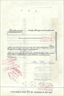 Certificato d'azioni della Great Atlantic & Pacific Tea Company — Miss Mary Leeman — 30 azioni — datato 1925 — Verso