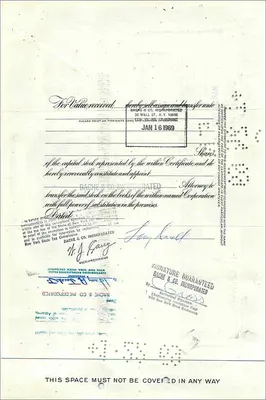 大西洋与太平洋茶叶公司股票证书 — 编号0219849 — 发行于1952年3月28日 — 背面