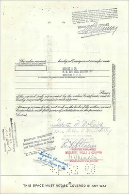 Aandelenbewijs van de Great Atlantic & Pacific Tea Company — Timothy F. McCarthy & Mevrouw Helen V. McCarthy J/T — uitgever First National City Bank — Achterkant