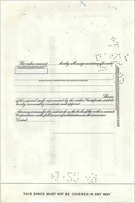 Certificaat van 100 aandelen van de Great Atlantic & Pacific Tea Company — Staat van Myron Lasker — uitgever First National City Bank — Achterkant