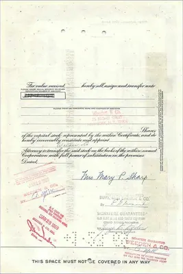 Certificado de 50 acciones de la Great Atlantic & Pacific Tea Company — Mrs Mary P Sharp — editor American Bank Note Company — Reverso