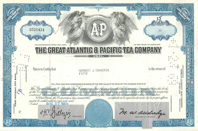 Certyfikat akcji Great Atlantic & Pacific Tea Company — Norbert J. Schaefer — seria 50