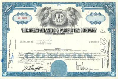 Certyfikat udziału w Great Atlantic & Pacific Tea Company — nr 0315304 — wydawca Morgan Guaranty Trust Company