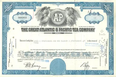 Certyfikat akcji Great Atlantic & Pacific Tea Company — seria 15, 3 akcje — wydawca Morgan Guaranty Trust Company