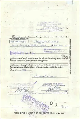 Great Atlantic & Pacific Tea Companyの株式証書 — Mrs Gertrude M Pierce — 番号 0392887 — 裏面