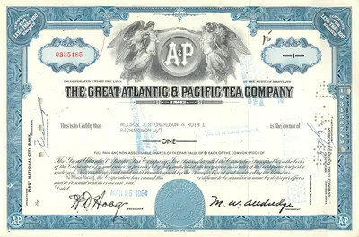 Działanie Great Atlantic & Pacific Tea Company — certyfikat akcji — wydawca Morgan Guaranty Trust Company