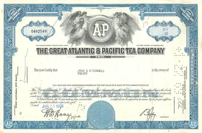 Certyfikat akcji Great Atlantic & Pacific Tea Company — John D' O'Connell — 1966