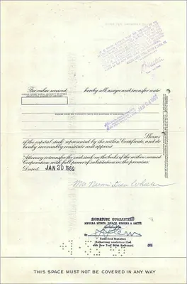 Certificat de 100 actions de la Great Atlantic & Pacific Tea Company — Mrs Naomi Dean Wheeler — éditeur Morgan Guaranty Trust Company — Verso