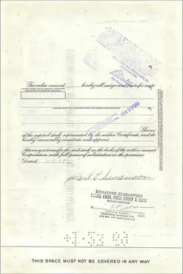 Aktie der Great Atlantic & Pacific Tea Company — Carl L. Swanson — 100 Aktien — datiert 28. Mai 1967 — Rückseite