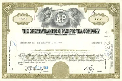 Certyfikat 100 akcji Great Atlantic & Pacific Tea Company — Pani Millicent L Sullivan — wydawca Morgan Guaranty Trust Company