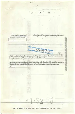 Great Atlantic & Pacific Tea Company'nin 100 Hissesi Sertifikası — Mrs. Phyllis Seaton — 22 Kasım 1965 Tarihli — Arka yüz
