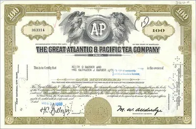 Certyfikat 100 akcji Great Atlantic & Pacific Tea Company — wydawca First National City Bank, nr 363314