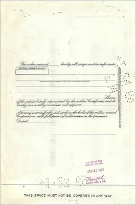 Certificato di 100 azioni della Great Atlantic & Pacific Tea Company — Mrs Ruth B Dickerman — editore Morgan Guaranty Trust Company — Verso