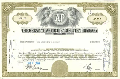 Certyfikat akcji Great Atlantic & Pacific Tea Company — 100 akcji — wydawca Morgan Guaranty Trust Company
