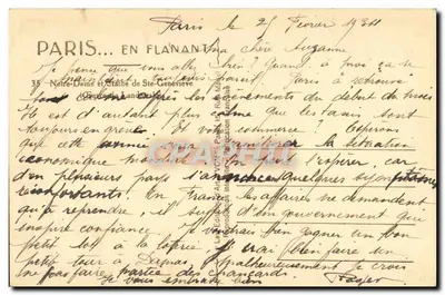 Notre-Dame w Paryżu — widok z figurą św. Geneviève na Seinie — wydawca L. Ruel, n° 38 — Rewers