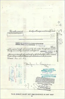 Aktienzertifikat der Great Atlantic & Pacific Tea Company — Frau Jere C. Goggans — 65 Aktien — Verlag Morgan Guaranty Trust Company — Rückseite