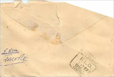 Carta postal indiana — enviada de TACORI (Jharkhand) em torno de 1975 — selo de 100 roupies — Verso